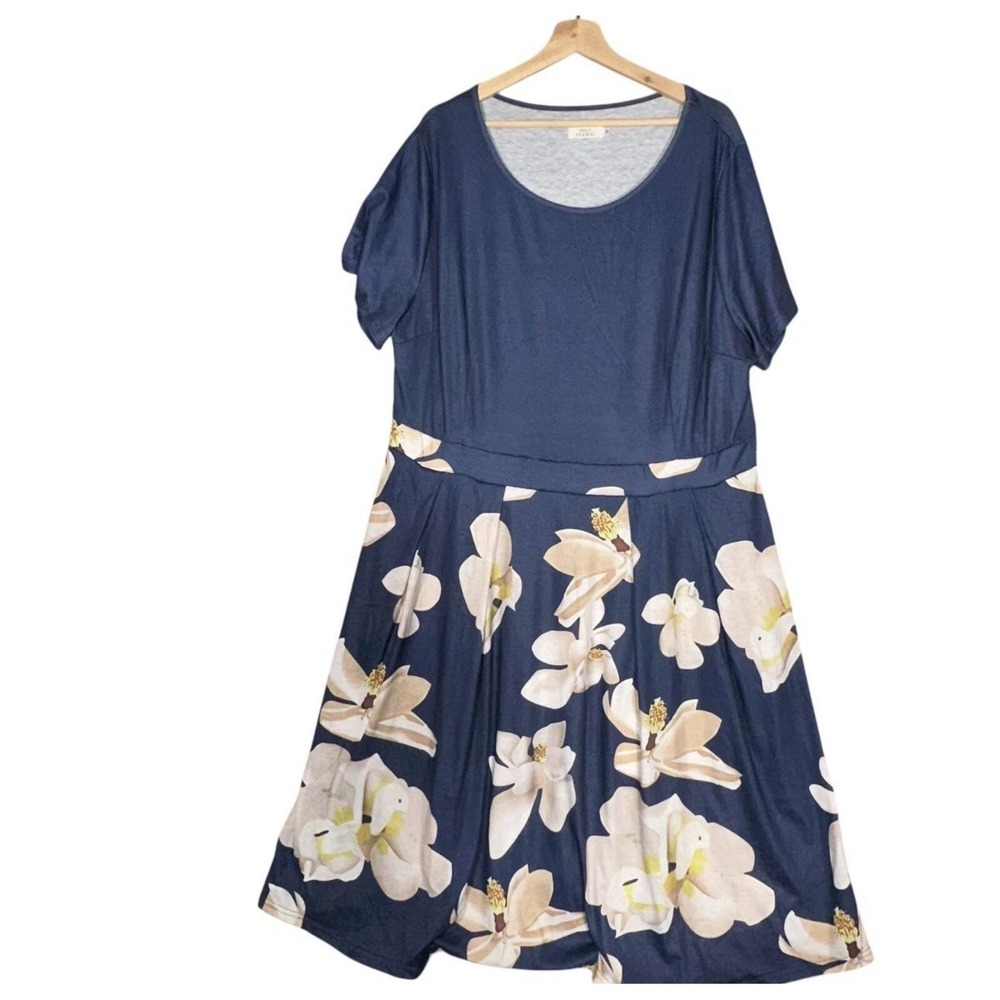 Pinup Fashion Fit and Flare Dress Womens 26 Blue Floral Round Neck Short Sleeve